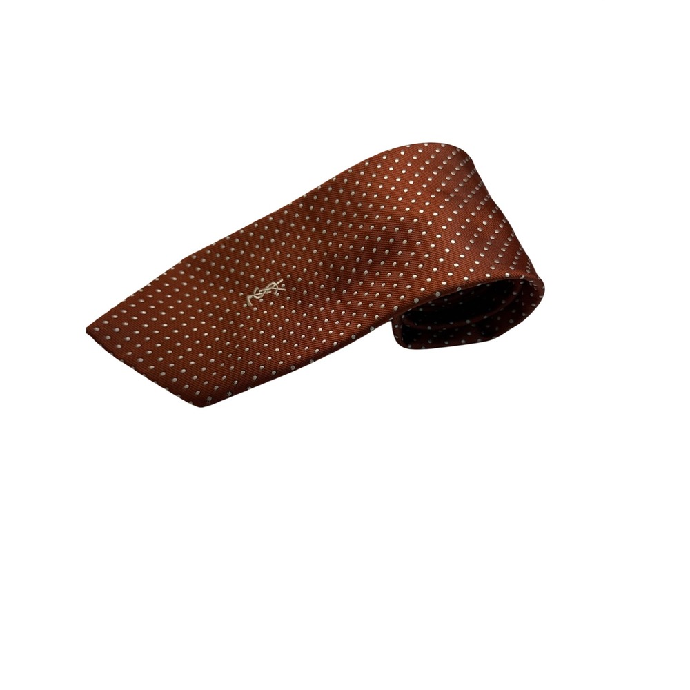Yves Saint Laurent Necktie Mens OS Rust Orange 1970s Polka Dot Silk YSL